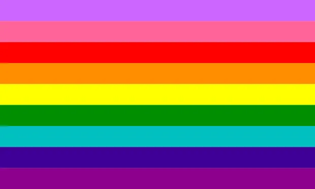 9 faixas horizontais do mesmo tamanho, nas cores lavanda, rosa, vermelha, laranja, amarela, verde, turquesa, índigo, roxa