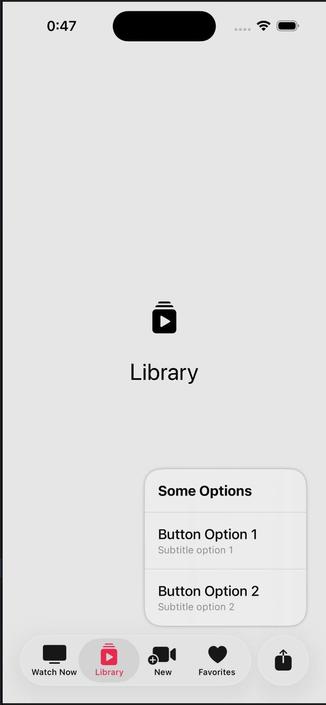 iOS app screen showing the “Library” tab selected with a bottom sheet titled “Some Options” presenting two selectable options, each with a title and subtitle.