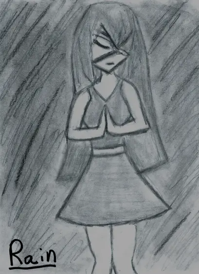 A simple graphite drawing of a girl standing in a rainstorm with her hands pressed together in a prayer.