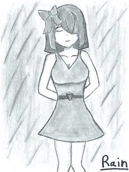 A drawing of younger version of my character. No eyepatch and only one bow this time. She is smiling while standing in the rain.