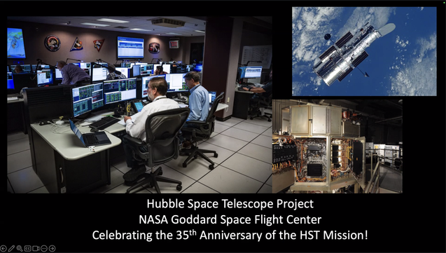 Hubble Space Telescope Project 
NASA Goddard Space Flight Center 
Celebrating the 35th Anniversary of the HST Mission!
Two people sit in the Hubble control room. Image of Hubble in space with the Earht's ocean and clouds in the background. Hubble instrument in a museum.