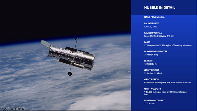 Hubble In Detail 
NASA/ESA Mission 
Launch Date: April 24, 1990 
Launch Vehicle: Space Shuttle Discovery (Sts-31) 
Mass: 27,000 Pounds (12,200 Kg) As Of Servicing Mission 4 
Maximum Diameter: 14 Feet (4.2 M) 
Length: 43 Feet (13 M) 
Orbit Height: 320 Miles (515 Km) 
Orbit Period: 95 Minutes To Complete One Orbit Around Our Earth 
Orbit Velocity: 17,000 Miles Per Hour (27,000 Kilometers Per Hour) 
Pointing Accuracy: .007 Arcsec