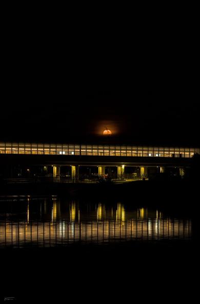 Das Bild zeigt eine nächtliche Szene mit einem modern beleuchteten Gebäude, das sich über eine Wasserfläche erstreckt. Das Gebäude ist die U-Bahnstation Seestadt in Wien, durch die warmes gelbliches Licht nach außen dringt. Dieses Licht spiegelt sich stimmungsvoll im ruhigen Wasser darunter.

Über dem Gebäude, fast exakt mittig im Bild, erhebt sich ein spektakulär orange leuchtender Mond knapp über dem Horizont.

Die Umgebung ist ansonsten in Dunkelheit gehüllt, was die Lichtquellen im Bild besonders betont und eine ruhige, fast magische Atmosphäre erzeugt. Die Reflexionen im Wasser verstärken die Bildwirkung zusätzlich.