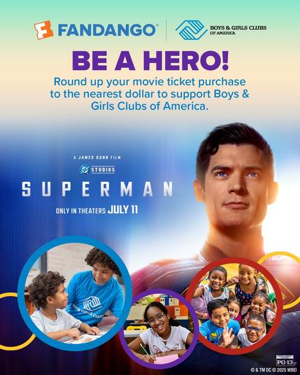 Photo by James Gunn on June 11, 2025. May be an image of ‎7 people, Superman, poster, costume and ‎text that says '‎BOYS GIRLS CLUBS OF AMERICA F FANDANGO BE A HERO! Round up your movie ticket purchase to the nearest dollar to support Boys & Girls Clubs of America. JANES FILM STUDIOS SUPERMAN ONLY IN THEATERS JULY 11 ועקבין GmRLS DRCORSCU CET PG-13 &TMDC@2025WBEI ©& DCO 2025‎'‎‎.