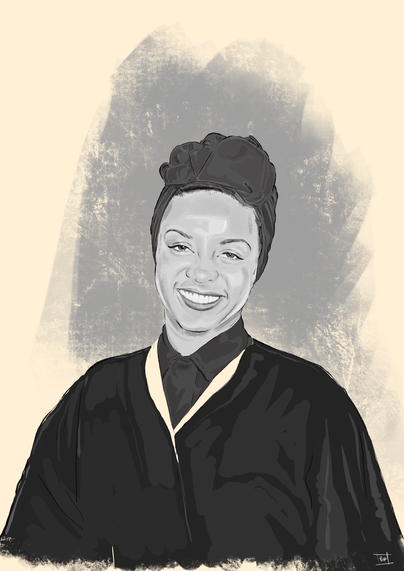 digital pencil & ink sketch of a smiling & contented hazel scott.
she looks directly at the viewer, a satin headwrap on her head & dressed in a chic buttoned up top under a classic black coat. 
colours are shades of grey, white, black & cream.