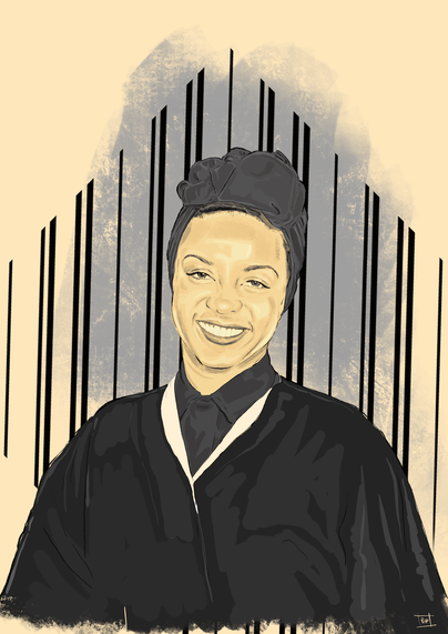digital pencil & ink sketch of a smiling & contented hazel scott.
she looks directly at the viewer, a satin headwrap on her head & dressed in a chic buttoned up top under a classic black coat. 
colours are shades of grey, white, black & cream.
behind her is a graphic of black lines that forms angles above hazel's head.