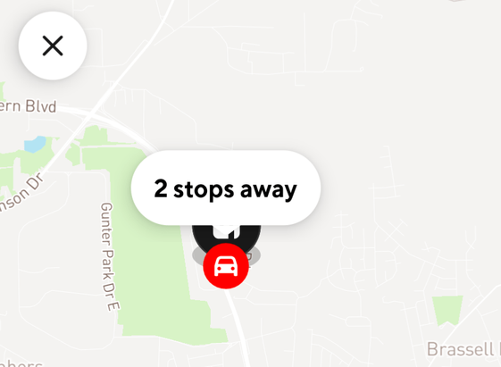 A Door Dash screen shot showing the drive is two stops away.