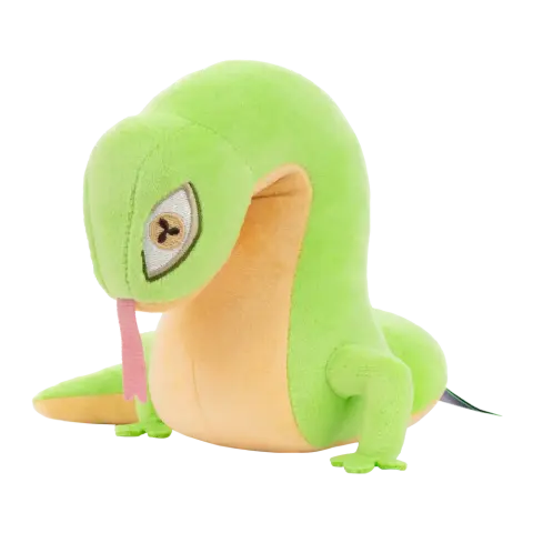 Snecko plushie from Makeship. A snake-like creature with two legs, light green with a yellow belly, yellow eyes with unusual pupils, and a pink tongue.