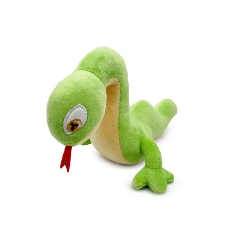 Snecko plush from Youtooz. A snake-like creature with two legs, light green with a yellow belly, yellow eyes with unusual pupils, and a red tongue.