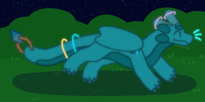 a drawing of an aqua colored dragon running in some grassy area