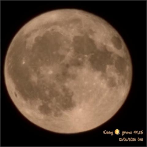 The image shows a close-up view of the Moon against a black background. The Moon is in a waning gibbous phase, with 99.6% of its surface illuminated. The surface features numerous craters of various sizes, with some darker areas indicating larger impact basins. The coloration is predominantly a muted brownish-gray, typical of lunar imagery. The image is labeled with the date "12/06/2025 05:1" and includes a watermark with the text "Waning 🌖 gibbous 99.6%."