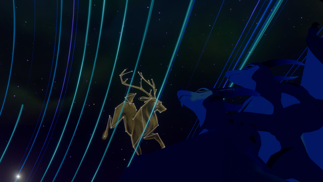 Me and my husbanderg as blue and white dragons in VRChat, watching the Furality Somna fireworks show. The camera is looking upwards at us, with the night sky in the background. Said sky iis filled with stars, some of which have formed a constellation showing the image of a stag in a sort of ghostly golden color. Lines connect the dots of stars, forming an outline around the golden stag. Circular lines in various shades of blue arc across the sky like comet trails.