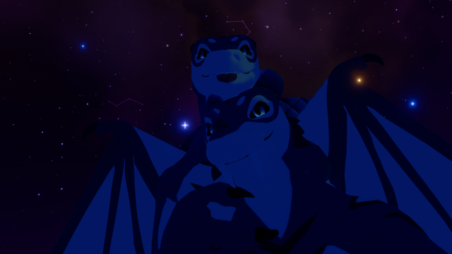 My husbanderg Rahquuer and I as blue and white dragons in VRChat, watching the Furality Somna fireworks show. We're both looking at the camera, my chin resting on top of Rah's head between his horns. In the background are a sea of stars in the night sky, including a few bright blue and red stars scattered around.