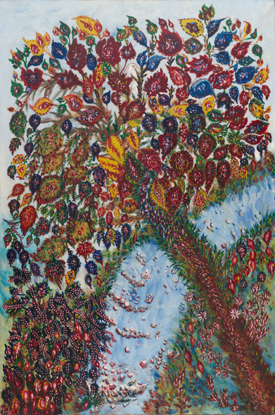 A modern Visionary painting, depicting a tree, with a trunk leaning from the bottom right corner to the center of the canvas, where it explodes into a riot of intensely hued multicolor leaves, ranging from blue to red to yellow to green. Below it, a green ground is scattered with flowers and a stream runs by.