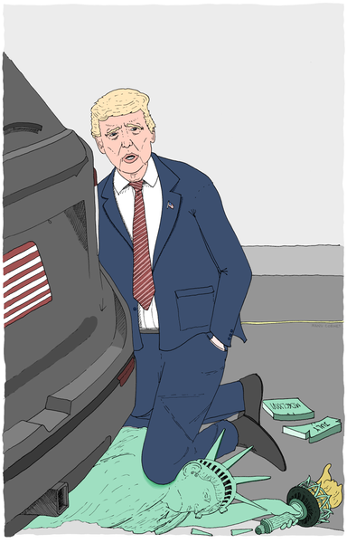 The drawing reproduces the scene of policeman Derek Chauvin with his knee on George Floyd's neck, but the person kneeling is Donald Trump and lying down is the statue of liberty.