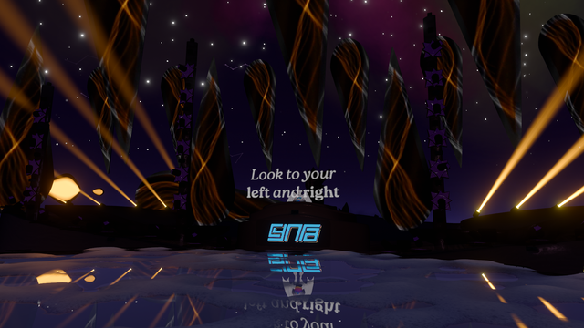 The stage in Club F.Y.N.N. at Furality Somna, at the end of Cynra's set. Words hover in front of Cynra's on-stage avatar that says, "Look to your left and right"