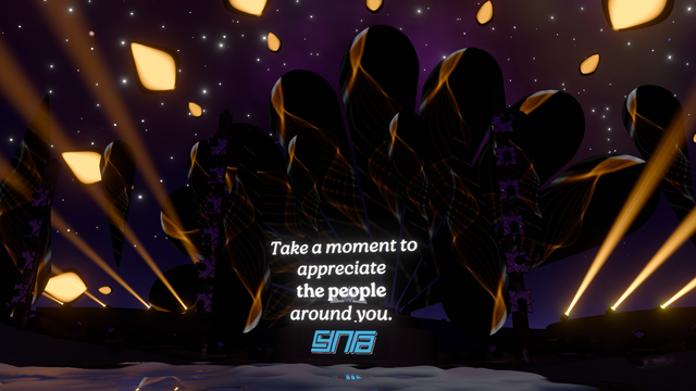 The stage in Club F.Y.N.N. at Furality Somna, at the end of Cynra's set. Words hover in front of Cynra's on-stage avatar that says, "Take a moment to appreciate the people around you."