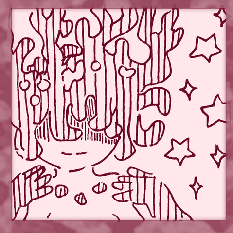 An ink drawing of a Violet Coral girl, her face shyly hidden behind her tendrils.