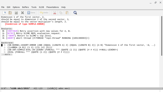 The emacs slime interface to the underlying lisp interactive resolution for the failed assertion. Menu options include CONTINUE, RETRY, *ABORT and ABORT. You can see "SB-KERNEL:ASSERT-ERROR ..