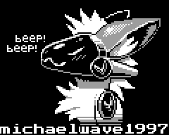 3 tone greyscale pixel art of a protogen in a black void beeping