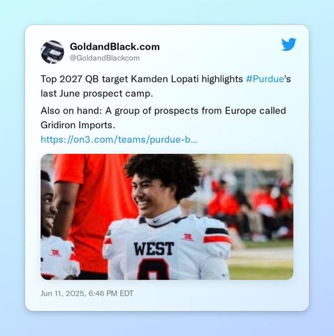 Top 2027 QB target Kamden Lopati highlights #Purdue's last June prospect camp.

Also on hand: A group of prospects from Europe called Gridiron Imports.
https://t.co/k43OWAoTow https://t.co/Q5KRXTkL2E