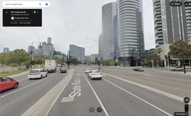 Wide ugly road in Docklands Melbourne showing how desolate the place looks. Via Google Maps