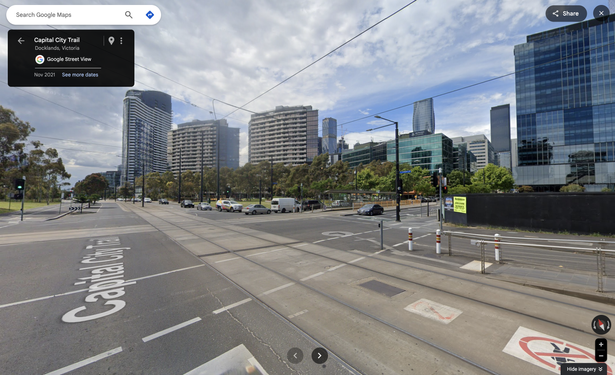 Wide ugly road in Docklands Melbourne showing how desolate the place looks. Via Google Maps