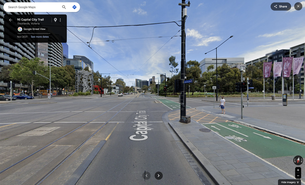 Wide ugly road in Docklands Melbourne showing how desolate the place looks. Via Google Maps
