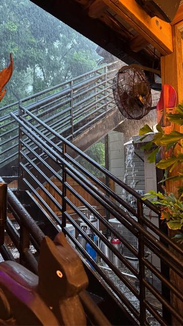 photo of heavy rain falling at a sharp angle, pooling on the roof of a bbq joint & creating a waterfall down off it.