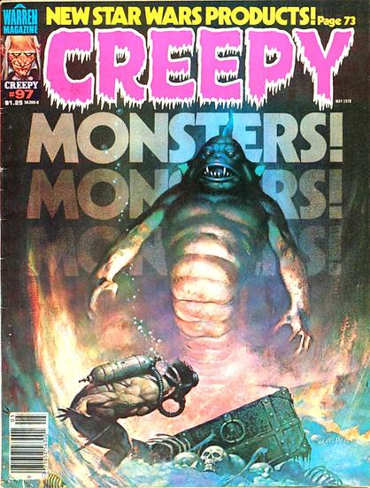 A muscular SCUBA diver, in front of a sunken treasure chest surrounded by human bones, is reacting in terror as a humanoid monster with a fanged fish face rises up, lit from below by an eerie glow.
Creepy magazine cover 1978.