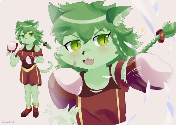 Digital artwork of a furry cat girl with light green fur, green messy hair with a side braid and yellow green-ish eyes with a dark cat-like pupil. She's wearing a black tanktop under a red and yellow top and shorts, the top has detached sleeves, she's also wearing red and white boxing gloves on both her hands and brown low boots. She's in a neutral standing pose on the left side of the image and on the right side she's throwing a straight punch with her left arm while making an aggresive smile.