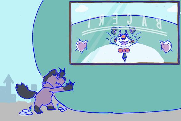 Rainwolf, a small purple wolf plush, is rolling around a very large orbular binturong plush on the street, there's a cut-in of the plushblimp pressed against a window that reads "BAGERI"