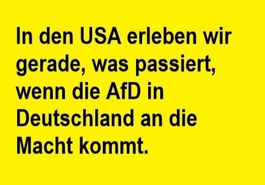 Schwarze Schrift auf gelben Hintergrund,  
es steht:

In den USA erleben wir 
gerade, was passiert,
wenn die AfD in
Deutschland an die
Macht kommt.