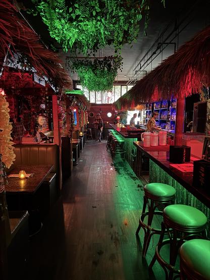 Inside of a long narrow tropical themed bar.