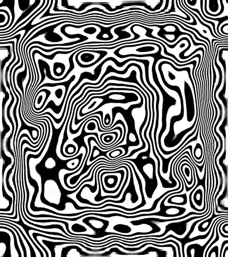 A psychedelic black and white rorshack inspired painting with lots of hidden faces