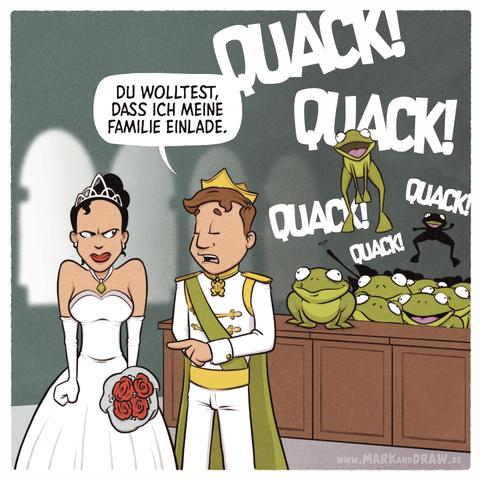 Der Cartoon zeigt eine Hochzeitsszene in einer Kirche basierend auf dem Märchen "Der Froschkönig". Links steht die Prinzessin im Brautkleid, rechts der zum Menschen zurückverwandelte Froschkönig. Im Hintergrund sitzen viele quakende Frösche auf den Holzbänken. Der Froschkönig zu seiner zukünftigen Braut: "Du wolltest, dass ich meine Familie einlade."