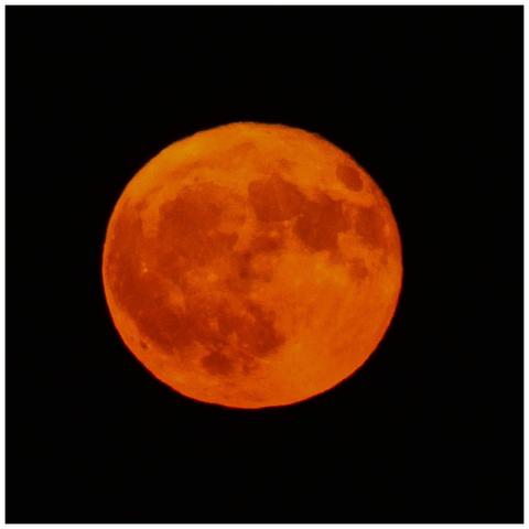 A close-up of a bright orange full moon against a black background.