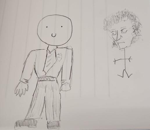 a quick sketch of two men. the first has a circle for a great and is wearing business casual clothes. the second has shaggy hair, a sharp nose and Square jaw on a stick body.