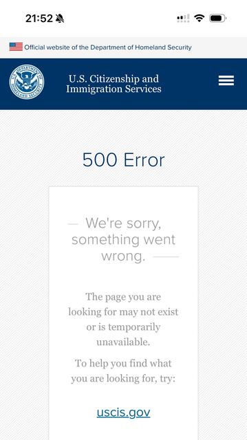 USCIS website showing a 500 Internal Server Error with no information for the past 5 hours.