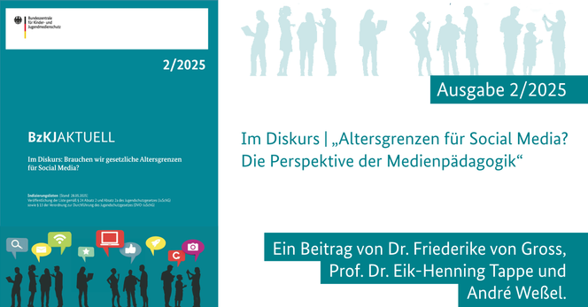 Beitrag „Altersgrenzen für Social Media? Die Perspektive der Medienpädagogik“ von Dr. Friederike von Gross, Prof. Dr. Eik-Henning Tappe und André Weßel in der Ausgabe 2/2025 der Fachzeitschrift BzKJAKTUELL. Herausgeberin ist die Bundeszentrale für Kinder- und Jugendmedienschutz (BzKJ).