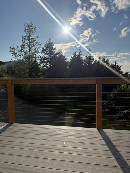 Bright sun with a lens flare.  Blue skies, wispy white clouds, rapidly greening trees.  The view from our deck tonight at 8pm