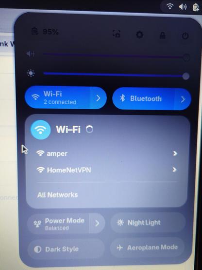 gnome wifi menu showing two interfaces in action, one of which is connected to an rnode called amper