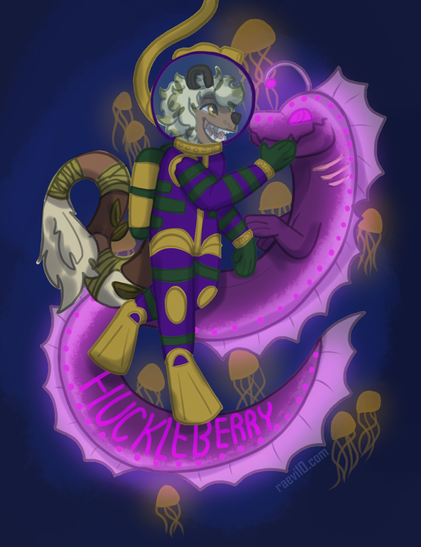 an anthro bear like creature in a purple green an dgold dive suit petting a magenta deep sea dragon thats glowing pink, on the tail of the dragon says the name huckleberry