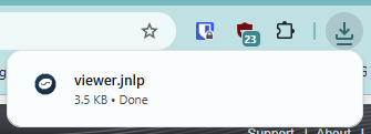 Screenshots von einem Teil eines Webbrowsers. Zu sehen ist ein abgeschlossener Download einer Datei mit Namen "viewer.jnlp", darüber in der Toolbar der Button vom Adblocker mit der Zahl 23 davor.