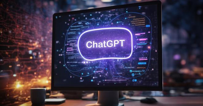 Nahaufnahme eines Computerbildschirms, der das ChatGPT-Logo anzeigt. Das Logo ist in einem abgerundeten Rechteck dargestellt und wird von einem komplexen, futuristisch anmutenden grafischen Hintergrund aus Codezeilen und Datenströmen umgeben.