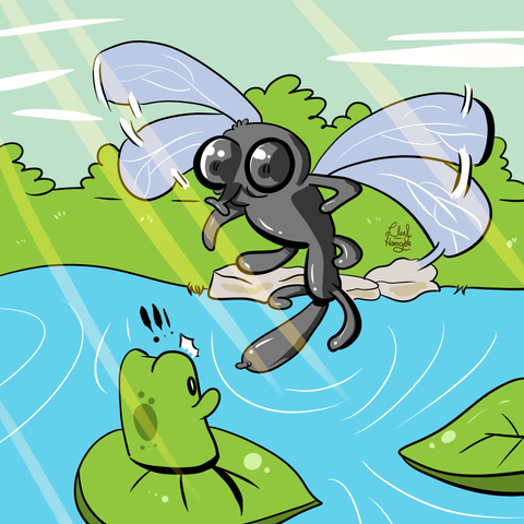 At a pond, a big mosquito is menacing against a Froggelio standing on a waterpond leaf. Froggelio is startled and standing with its back to the audience and the mosquito is flying facing the audience and Froggelio.