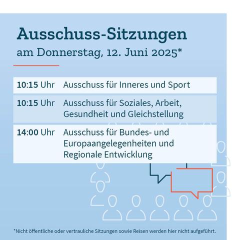 Grafik in Blautönen mit den Terminen der Ausschusssitzungen am Donnerstag, 12. Juni 2025: 10:15 Uhr: Ausschuss für Inneres und Sport. 10:15 Uhr: Ausschuss für Soziales, Arbeit, Gesundheit und Gleichstellung. 14 Uhr: Ausschuss für Bundes- und Europa­angelegenheiten und Regionale Entwicklung. Dazu der Hinweis, dass nicht öffentliche oder vertrauliche Sitzungen sowie Reisen nicht aufgeführt werden.