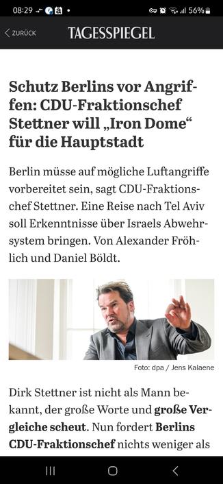 Screenshot Artikel: Schutz Berlins vor Angriffen: CDU-Fraktionschef Stettner will „Iron Dome“ für die Hauptstadt