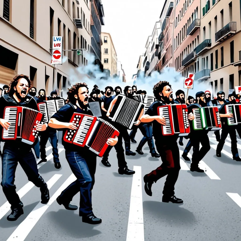 AI illustration of an angry mob of suspiciously similar bearded young men, wearing blue jeans and wearing red accordions, storm city streets away from a blast of tear gas.