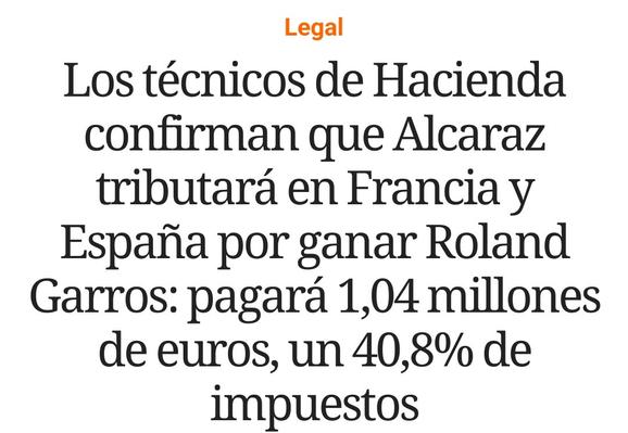 Los técnicos de Hacienda confirman que Alcaraz tributará en Francia y España por ganar Roland Garros: pagará 1,04 millones de euros, un 40,8% de impuestos